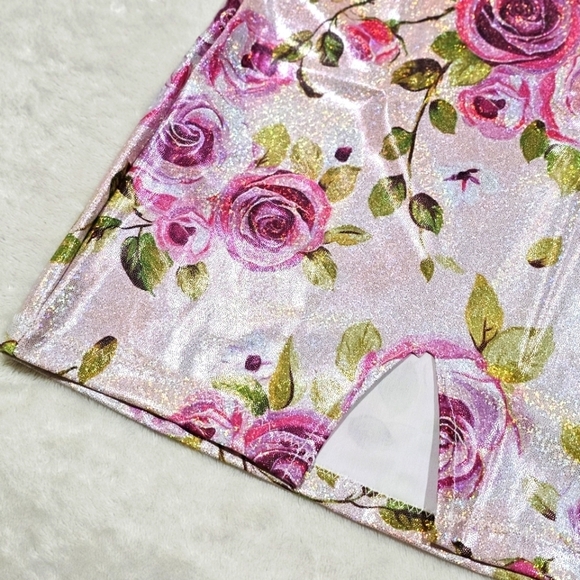 Treasure The Funk ✦ Pink Rose Mini Skirt ✦ Sparkly Bodycon High Waist Metallic M - Picture 6 of 13